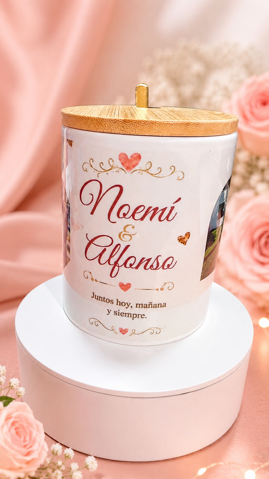 Taza Personalizada, Tapa de Bambú y Cucharita Dorada